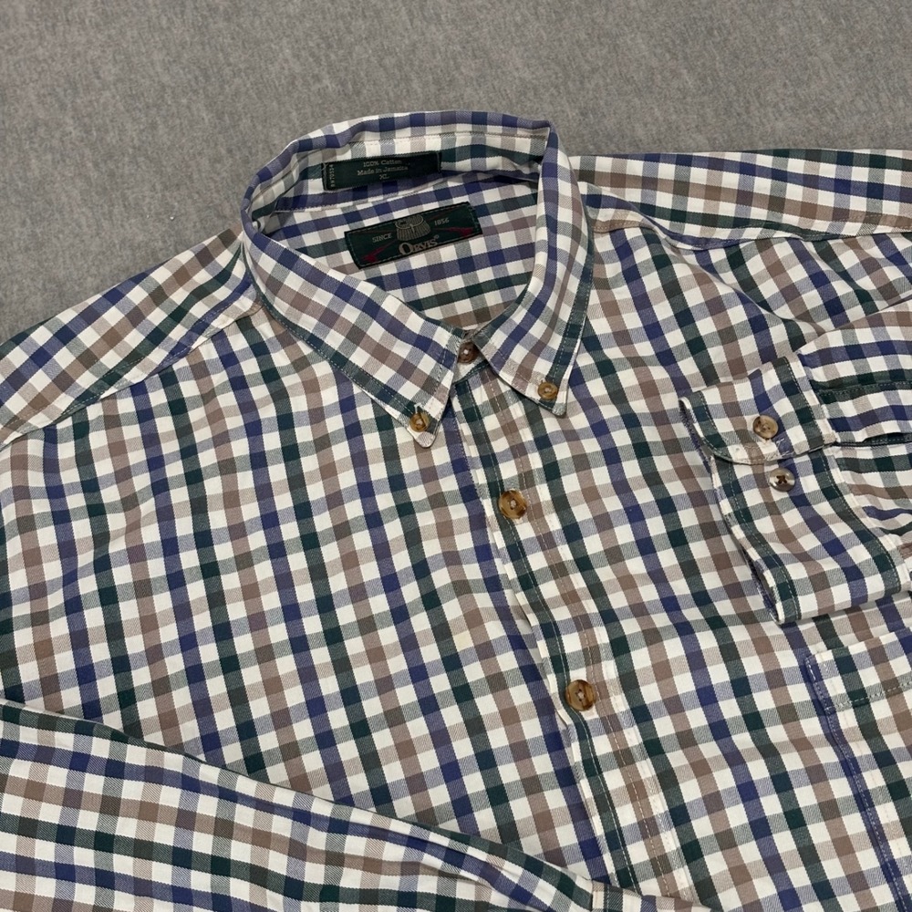 Orvis Mens XL Button Down Shirt Cotton Gingham Check Plaid Blue Green Brown